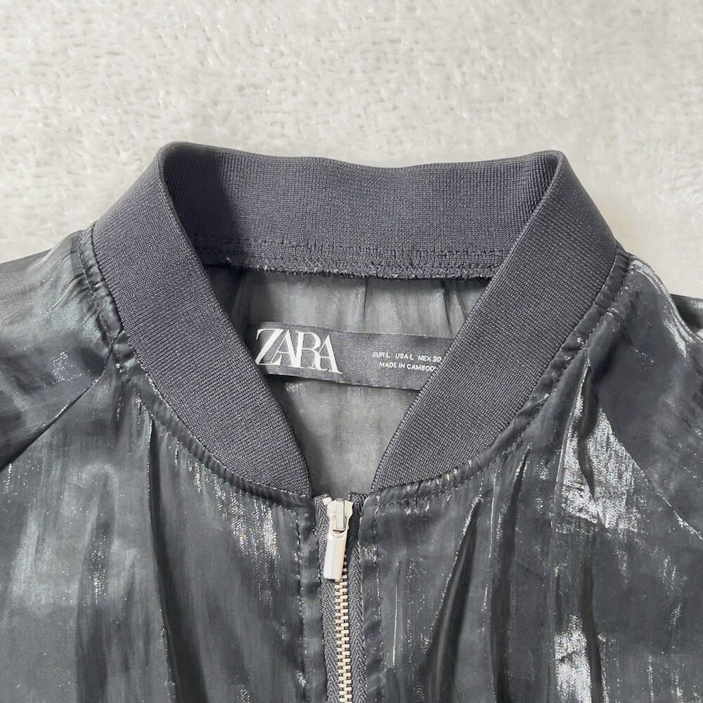 Zara Blouson Bomber Jacket Womens Sz L Black Mesh Sheer Long Sleeve Full Zip - Picture 3 of 8